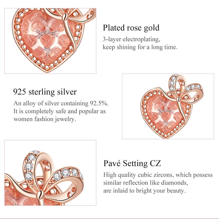 BAMOER 925 Sterling Silver Roséguld Hjärtformad Zirkonpärla, Kvinnor Romantisk rosett Gift of Love Charm Hänge som passar Original 3 mm armband DIY smycken