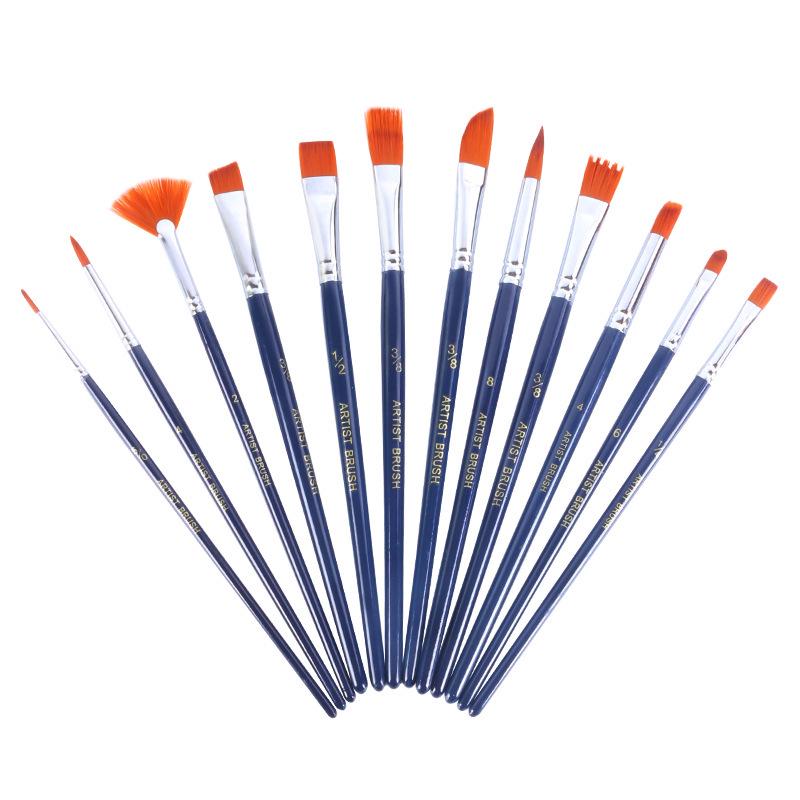 12-Piece Nylon Bristle Brush Set for Oil, Acrylic & Watercolor Painting 12 Mixed Head Brush Set