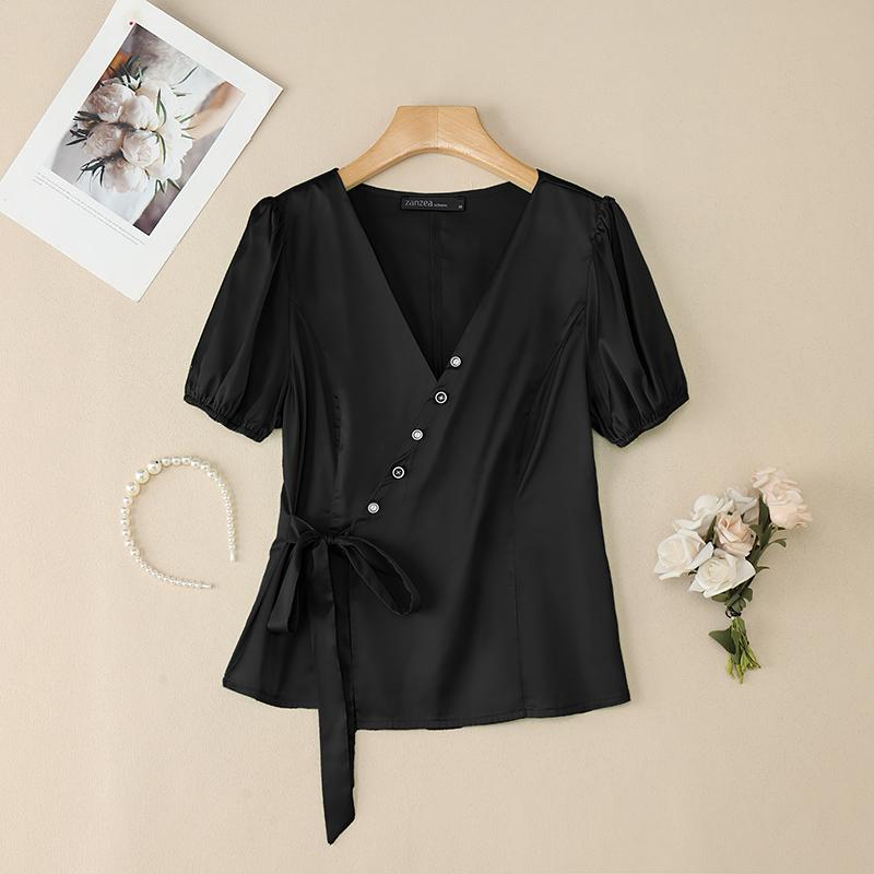 

ZANZEA Women Summer Casual V-Neck Short Sleeve Lace Up Blouse S чорний
