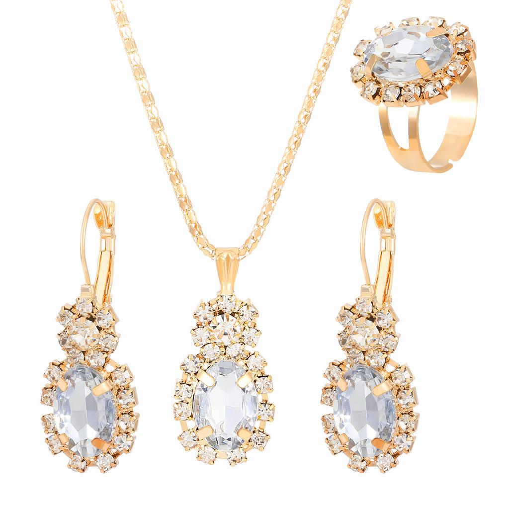 3Pcs Copper Oval Cut Cubic Zirconia Necklace Earrings Rings Set Trendy Banquet Daily Date Zircon Set Gift for Women Girls Her