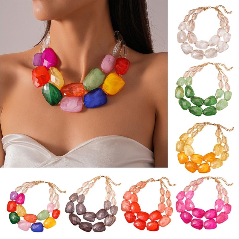Double Layer Bohemian Acrylic Beaded Clavicle Chain Adjustable Necklace For Women Vacation Jewelry Gift