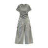 Korean Minimalist Fashion Suit Women's Solid Color Shoulder Round Neck Thin Short-sleeved T-shirt + Wide-leg Pants Pants Two-piece Set