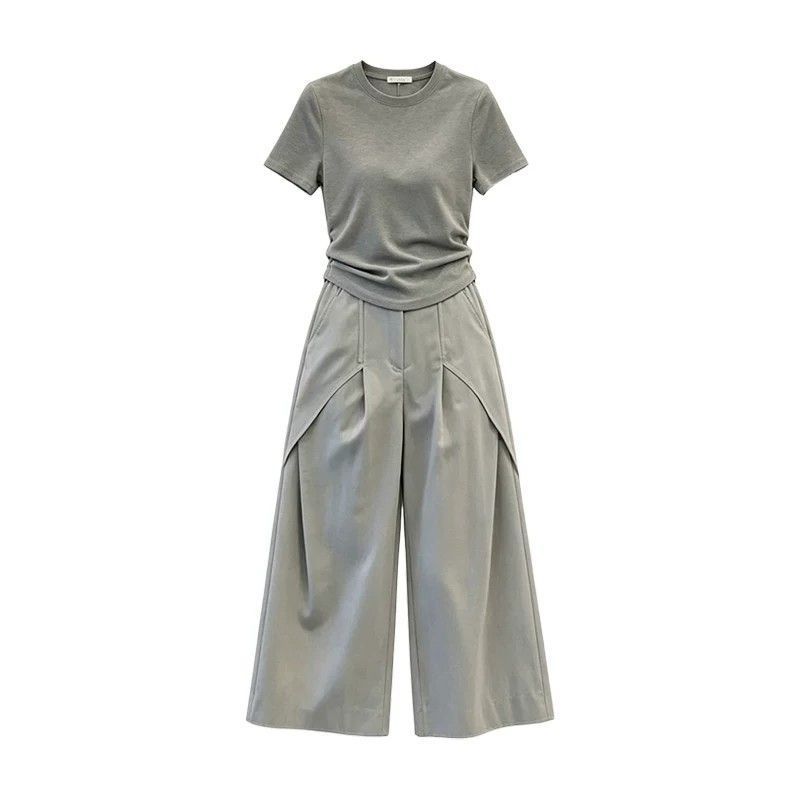 Korean Minimalist Fashion Suit Women's Solid Color Shoulder Round Neck Thin Short-sleeved T-shirt + Wide-leg Pants Pants Two-piece Set