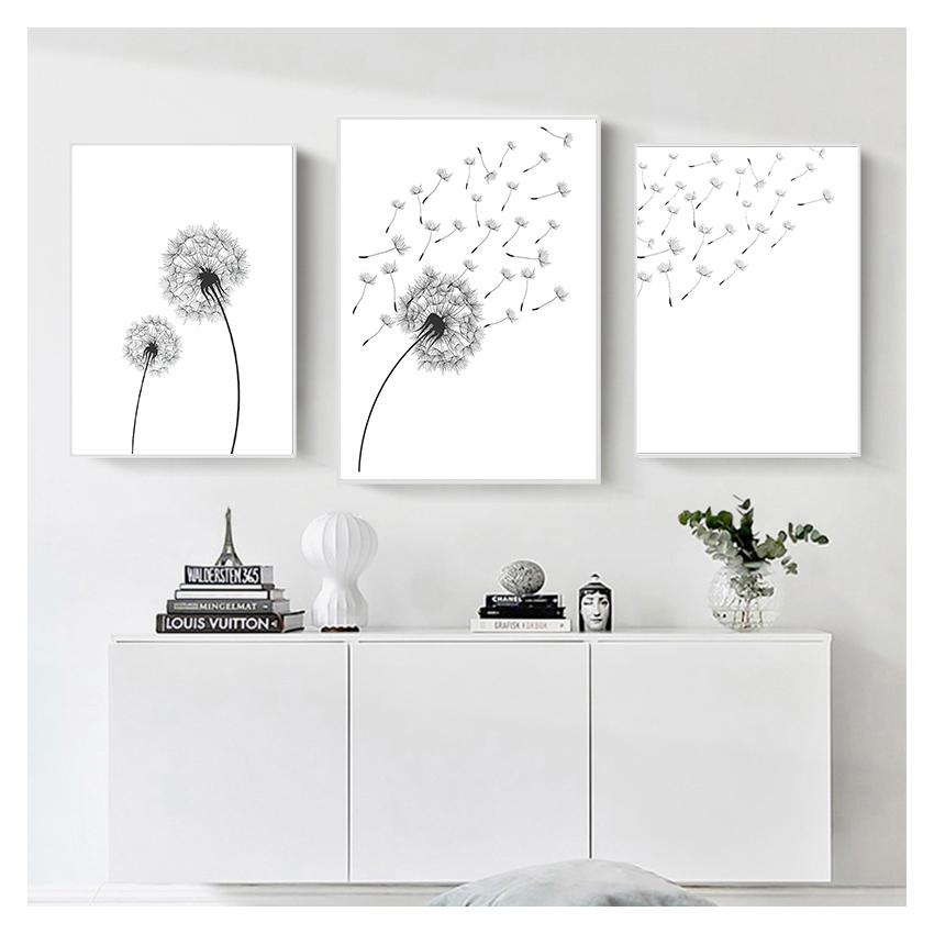 And White Minimalist Poster Prints Canvas Wall Art Painting Decoration Picture Modern Home Decor Set of 3 Dandelion Prints Black