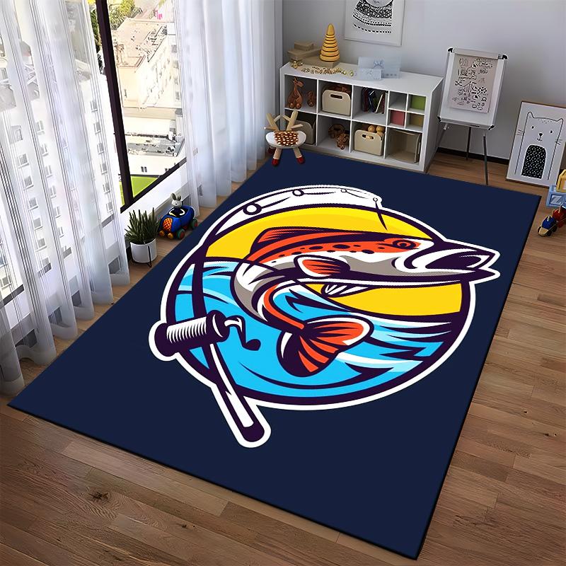 Fishing Themed Carpet with Colorful Fish Design and Rod Pattern Suitable for use as an anti-slip for living room bedroom sofas