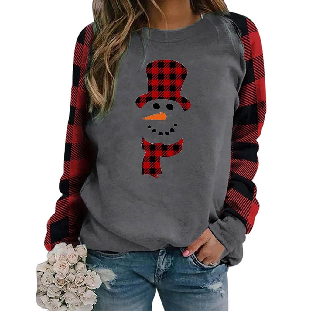 Damenmode Plaid Patchwork Weihnachtsdruck Rundhals Langarm T-Shirt Top