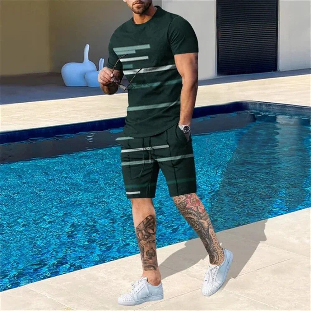 Men's Tracksuit 2 Piece Set Summer Stripe Sport Hawaiian Suit Short Sleeve T Shirt and Shorts Casual Fashion Man Clothing