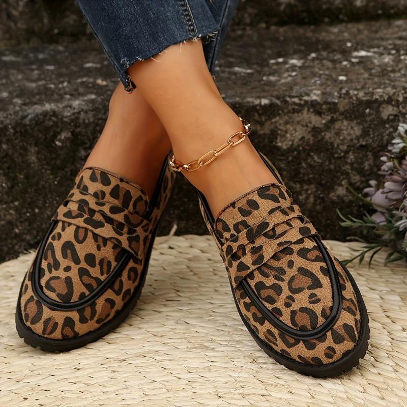 Women's Leopard Print Loafers - Slip-On Casual Shoes, Round Toe, Flat Sole, British Style, All-Season Comfort, Black & Brown Animal Print Design
