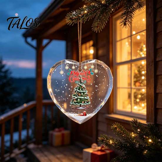 Elegant Holiday Party Decorations Heart Shaped Christmas Ornaments, Crystal Santa Winter Scene Hanging Ornament, Transparent Xmas Tree Ornaments
