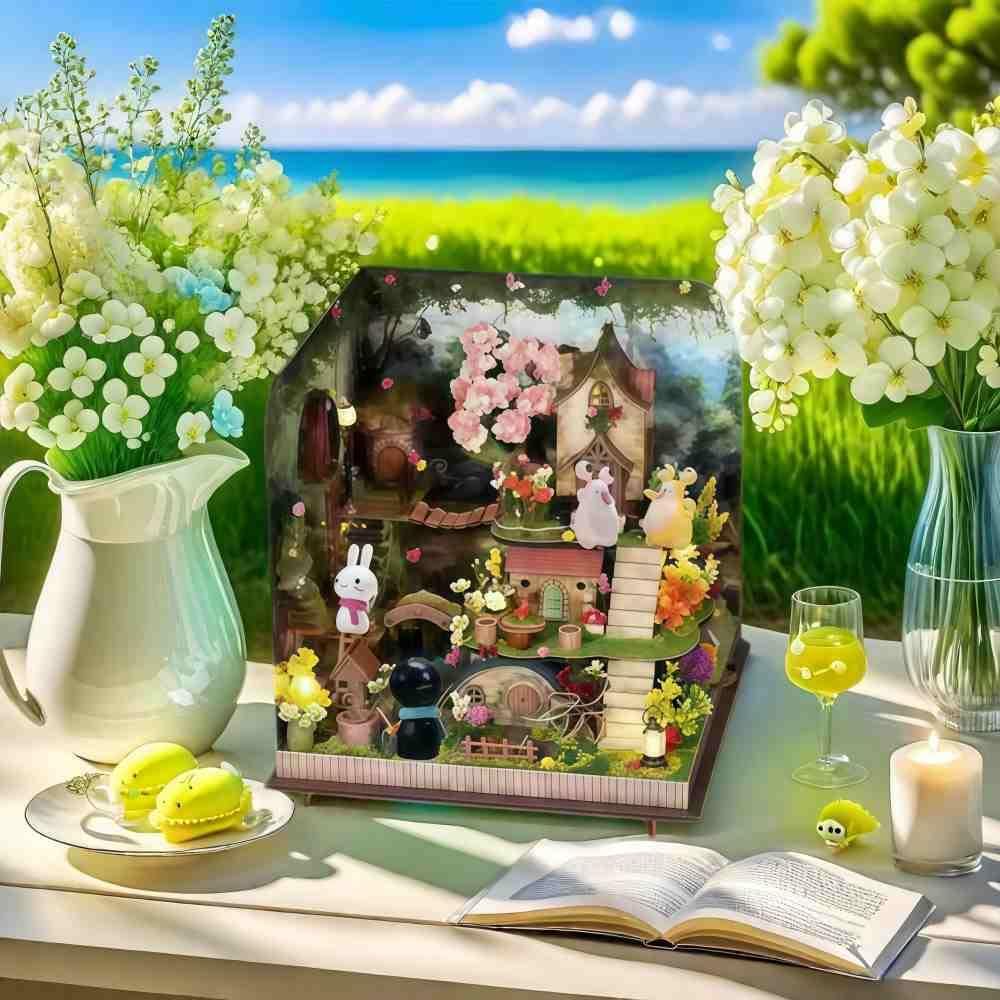 Sofiey Dollhouse Handmade Kit Miniature Furniture Craft Set with Instructions and Music Box, Includes 4 Animal Figurines