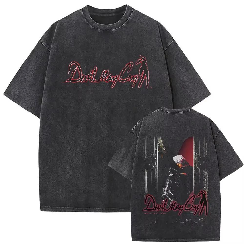 Game Devil May Cry Dante Vintage Acid Washed T-shirt Men Gothic Retro Fashion Short Sleeve T Shirts Male Hip Hop Streetwear