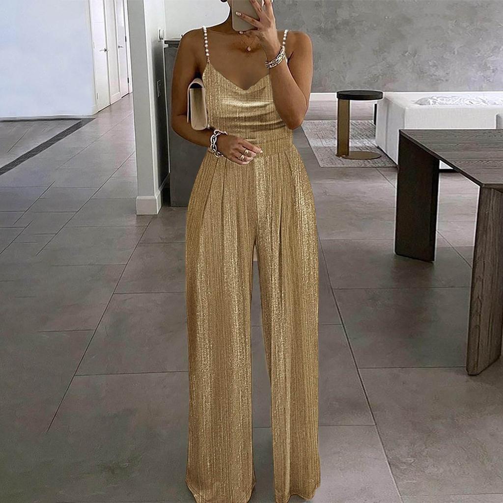 Women's FashionAble And Casual Loose  Color Wide Leg Pants Waist Cinching Elegant Suspender Bead Jumpsuit