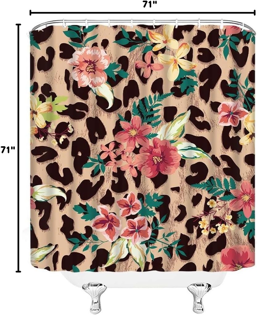 Tenda Doccia Fiore di Leopardo Stampa Leopardo Retrò Fiori Rosa Misti Creativa Bagno Casa Decorativa Tenda Doccia 12 Ganci,