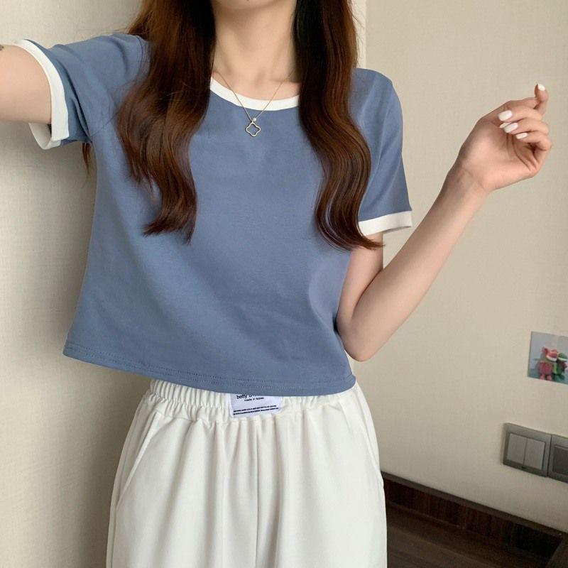 Women's Color Block Round Neck Slim Fit T-shirt - Korean Style Summer Base Layer