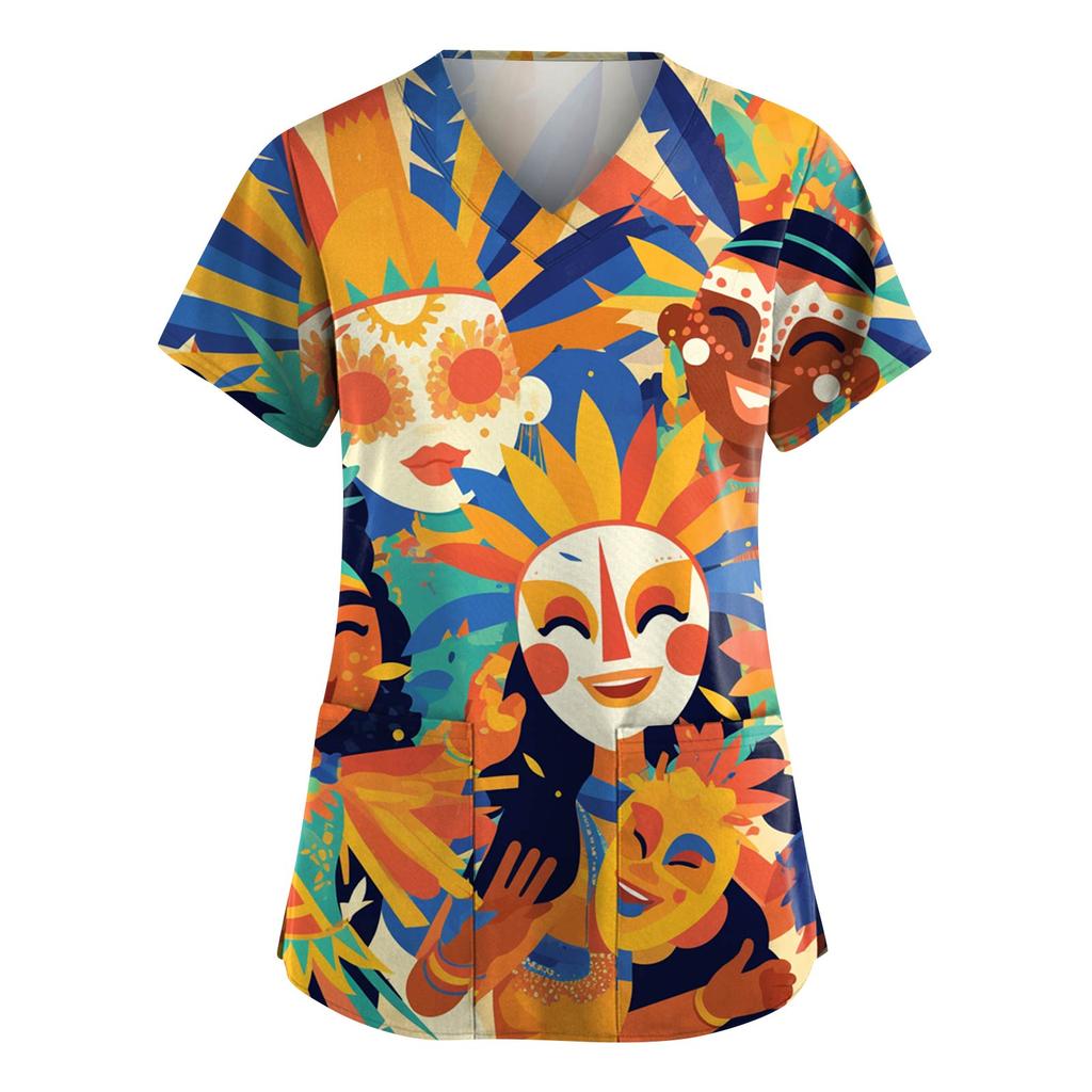 Women's Fashion V-Neck Short-Sleeved Workwear With Pockets Carnival Print Top Caregiver Uniform