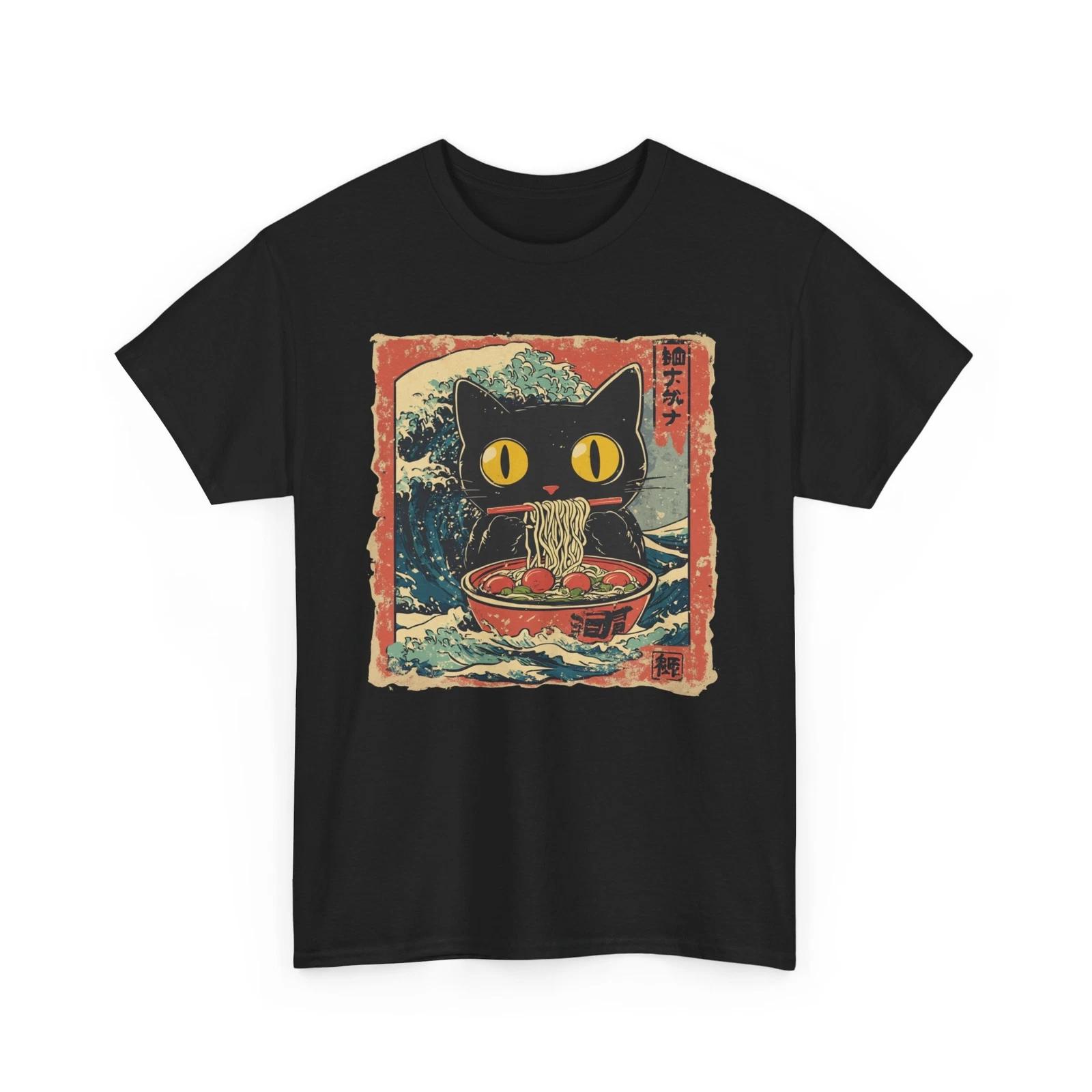 Oni Mask T-Shirt | Japanese Black Cat Eats Ramen Shirt S