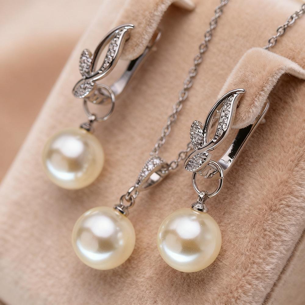 Leaf Imitation Pearl Necklaces Earrings Sets For Women Fashion Flower Cubic Zirconia Pendant with Chain Birhday Gift