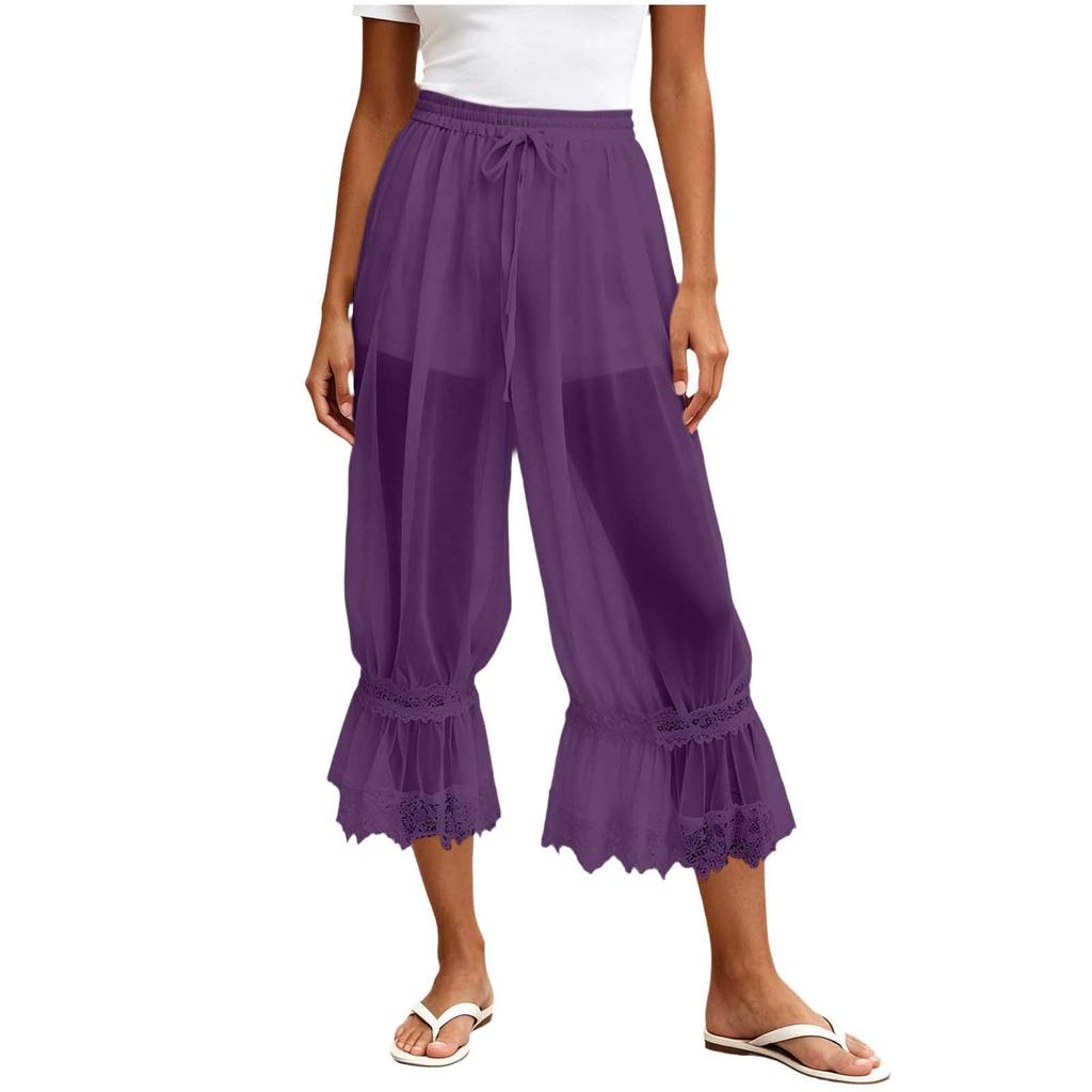 Women's Casual Pants with Lace and Sheer Mesh Trim, Lined, for Everyday Wear