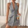 Women Sleeveless Halter Lapel Mini Dress, Blue White Vertical Striped Front Button Down Slim Fit Flared Hem Casual Shirt Dress