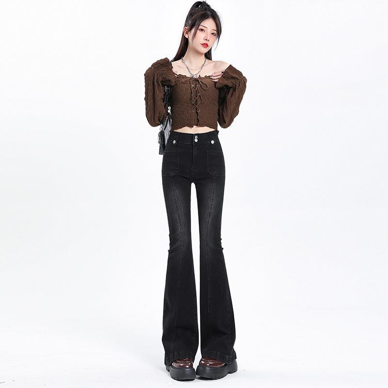 Four Season Wearable Spicy Girl Slim Fit Elastic Splicing Flared Jeans Women'S New High Waisted Niche Design Horseshoe Pants