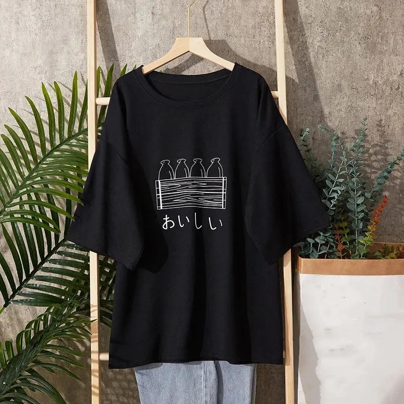 T-shirt Women Cotton Summer Casual Large Size Loose Round Neck Pullover Short-sleeved Tops