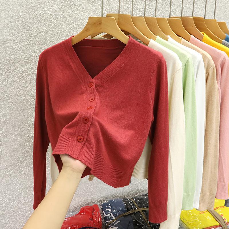 V-neck short knitted cardigan jacket women's spring and autumn new black outer sweater long-sleeved bottoming shirt top