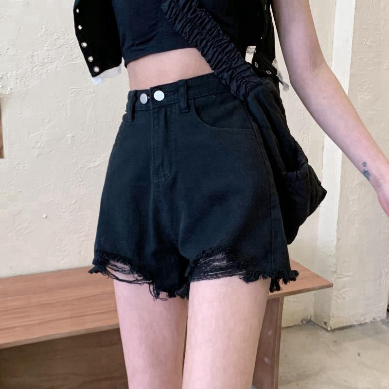 Women s High-Waisted Ripped Denim Shorts - Summer 2021 Trendy Wide-Leg A-Line S чёрный