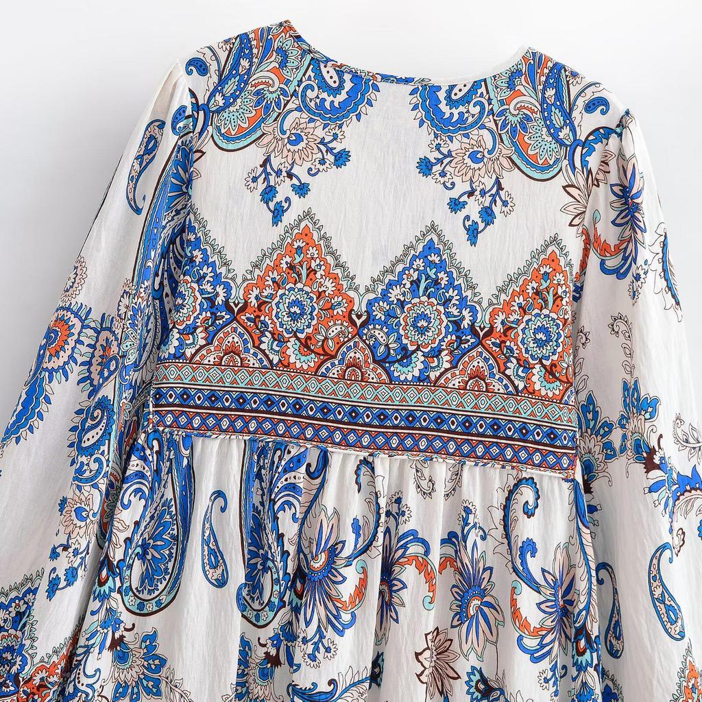 Bohemian Loose Dress with Bamboo Knot Linen Print and Tassels - 2026 Spring Collection