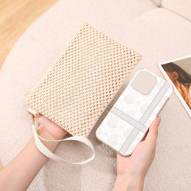 Fashion Straw Woven Bag For Women Hollow Out Beach Handbag With Wrist Strap Portable Phone Purse Solid Color Simple Cash Bag Summer Accessory