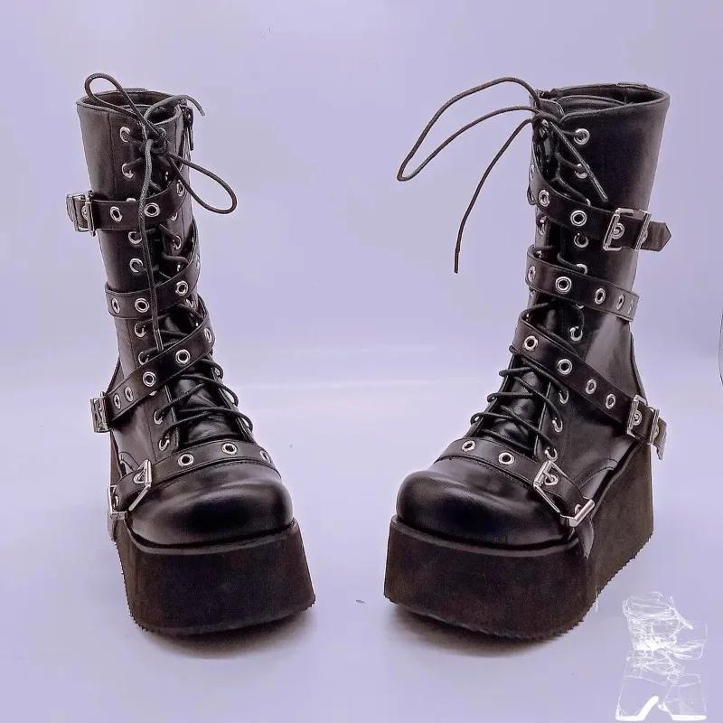 Winter Women's Buckle Boots Round Toe Wedge Side Zip Platform Shoes Gothic Outdoor Leisure Fashion Botas De Invierno Para Mujer