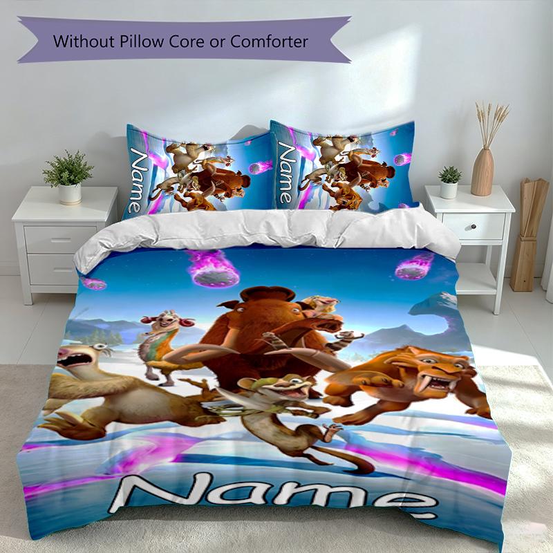 Set de 3 Piezas con Nombre Personalizado La Edad de Hielo El Amanecer de los Dinosaurios, Incluye 1 Funda Nórdica y 2 Fundas de Almohada, Decoración de Dormitorio para Todas las Estaciones
