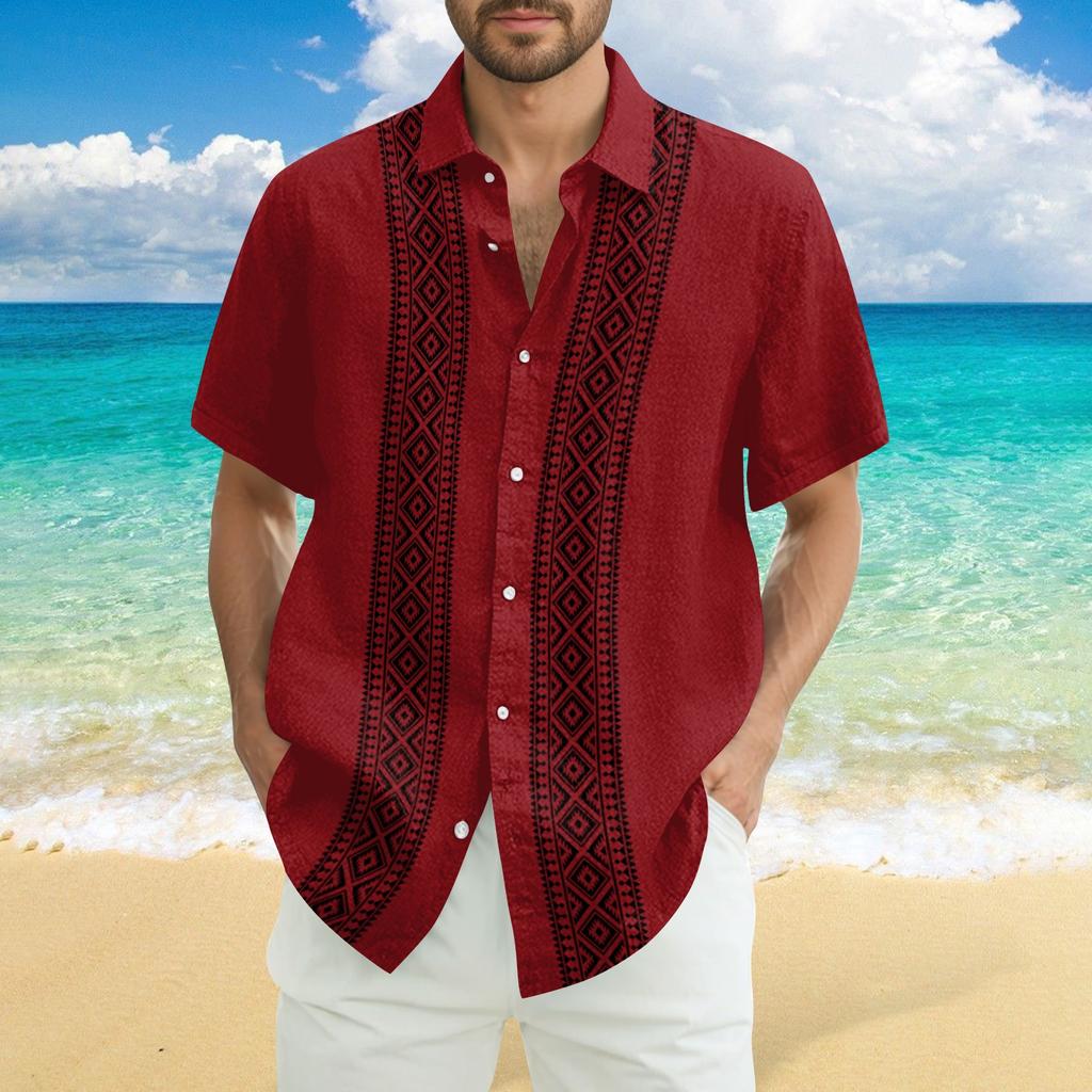 Men's Fashionable Casual Loose Striped Printed Beach Short-sleeved Shirt