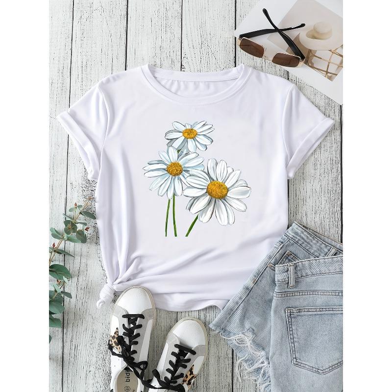 Womens Plus Size Casual T Shirt Daisy Print Short Sleeve Round Neck Slight Stretch Top