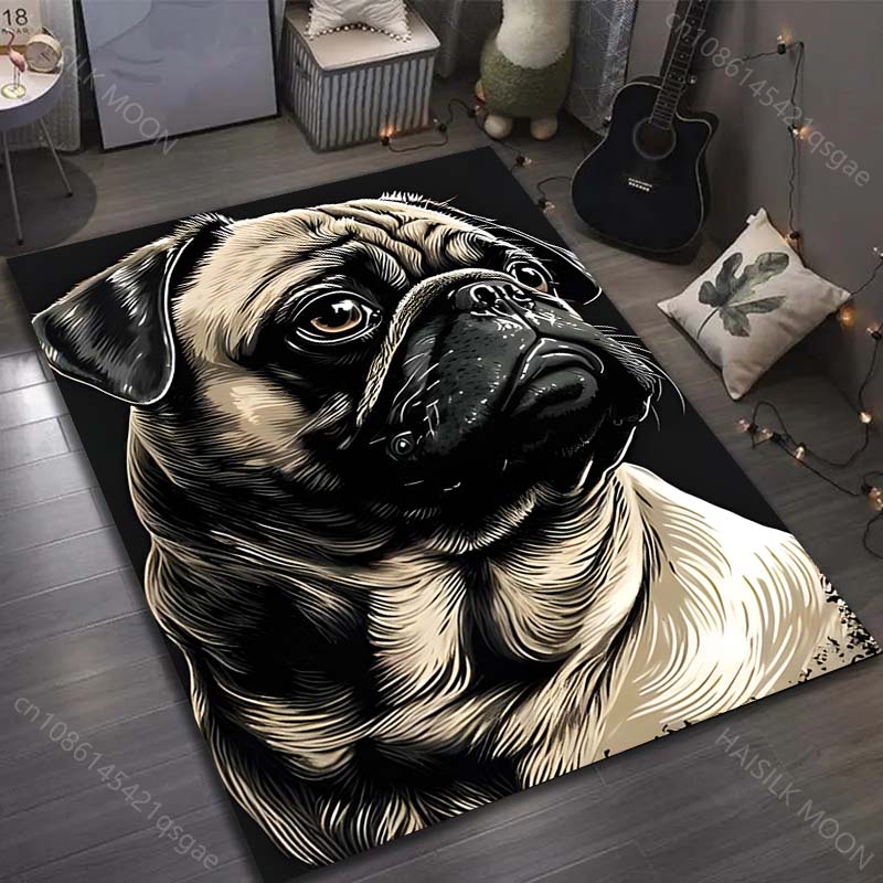 17 Stile Niedlicher Mops-Druck Teppich für Wohnzimmer Schlafzimmer Sofa Fußmatte Heimdekor Bereichsteppich Rutschfeste Bodenmatte Große Größe