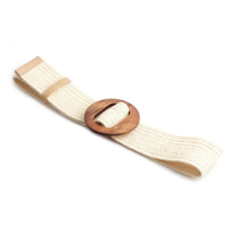 Ethnic-style PP Grass Woven Belt, Wooden Buckle, Round Buckle, Elastic, Wide Belt Without Holes, Bohemian Linen Corset, Waist Seal
