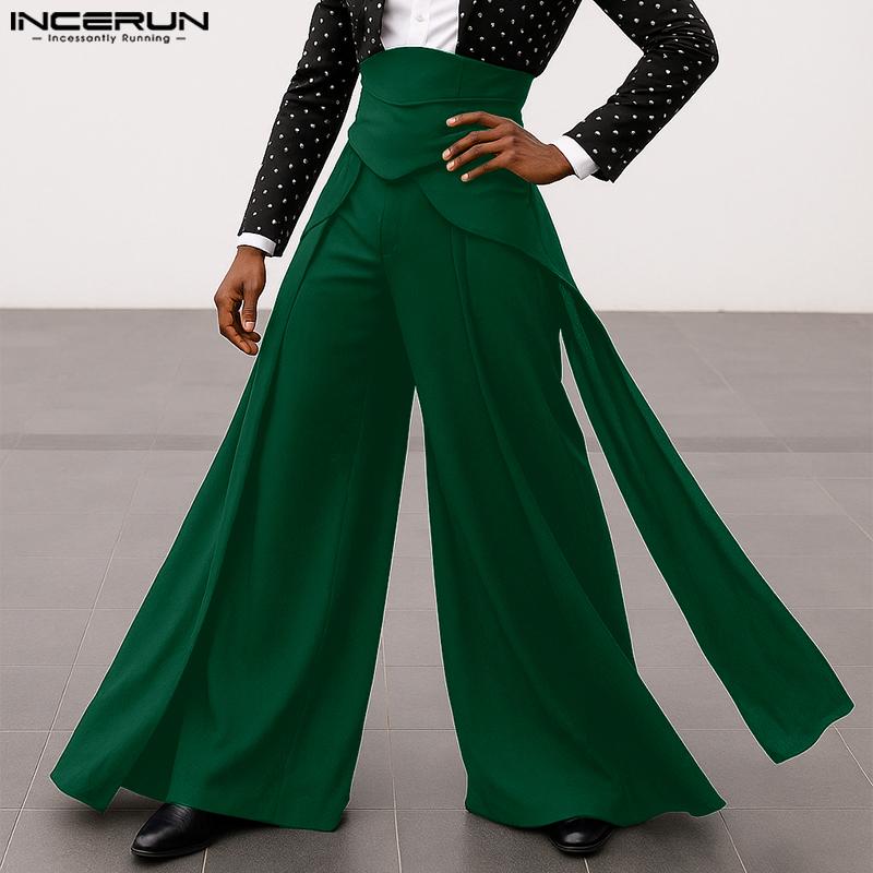 INCERUN Men High Waist Casual Long Splits Wide Legs Pants Trousers
