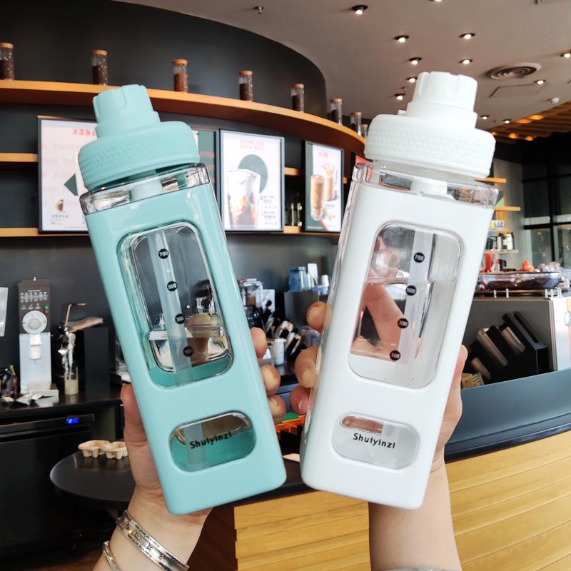 Quadratische Strohhalm-Plastik-Sportflasche - Doppelschichtig mit Griff