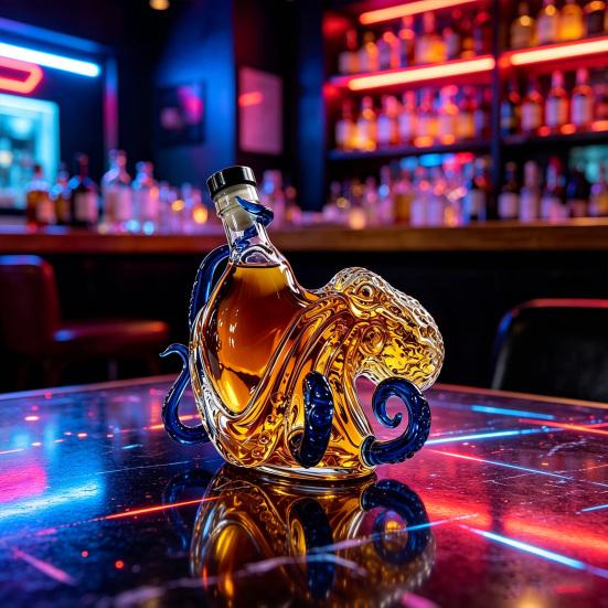 Yousheng Octopus Shaped Whiskey Decanter, 3D Blown Glass Wine Bottle with Stopper, 400ml Handmade Lead-Free Barware, Creative Bar Decor Gift for