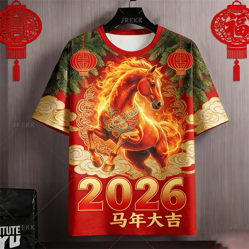 Dragon Horse Spirit 2026 New Year T-shirt For Men's Clothes Personality Streetwear Horse Year Tee Cool 3D  Print Design T Shirt