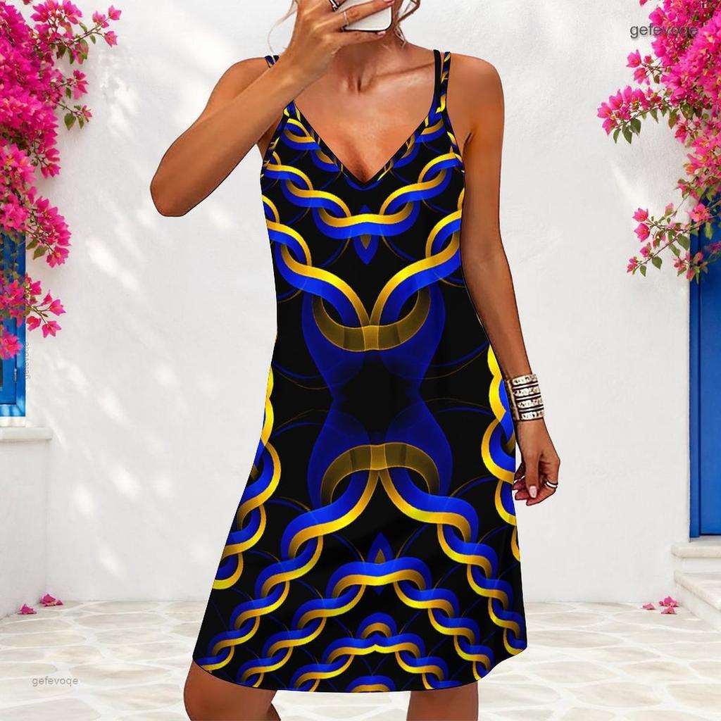 Women Plus Size V Neck Double Straps Sleeveless Printed Black Mini Dress