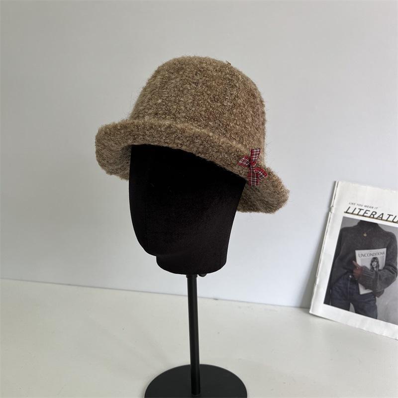 Chapeau cloche d'automne et d'hiver en laine, fil cercle, bord relevé devant, pour femme, doux, petit, frais, avec nœud, chaud, décontracté
