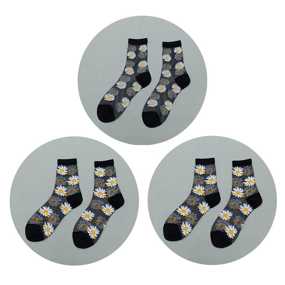 3 Pairs Of Women's Flower Socks Summer Crystal Glass Stockings Medium Short Tube Thin Transparent Daisy  Jacquard Elastic  Socks