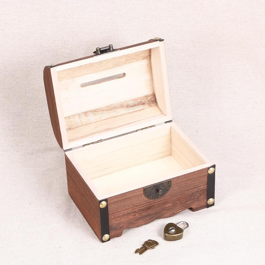 Box Wooden Treasure Bank Storage Chest Piggy Wood Vintage Money Coin Lock Boxes Jewelry Saving  Pirate Organizer Decorative Gift