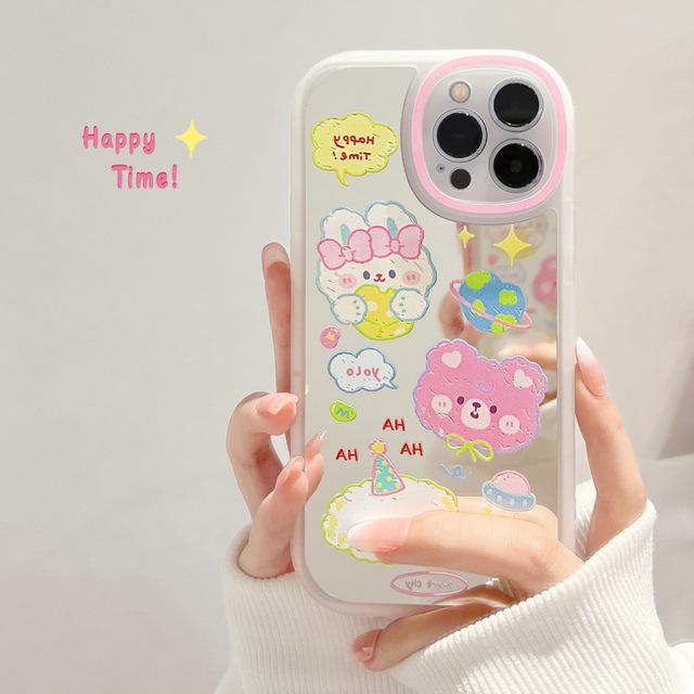 Graffiti Love Earth Happy Dog Bear Mirror Capa For Iphone 11 12 Mini 13 Promax Xs Max X Xr 8 7 Plus Se2020 Cartoon Phone Case