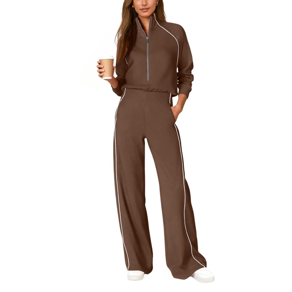 Women's Fashionable Casual Long-Sleeved -Color Sweatshirt And Wide-Leg Pants Two-Piece Set