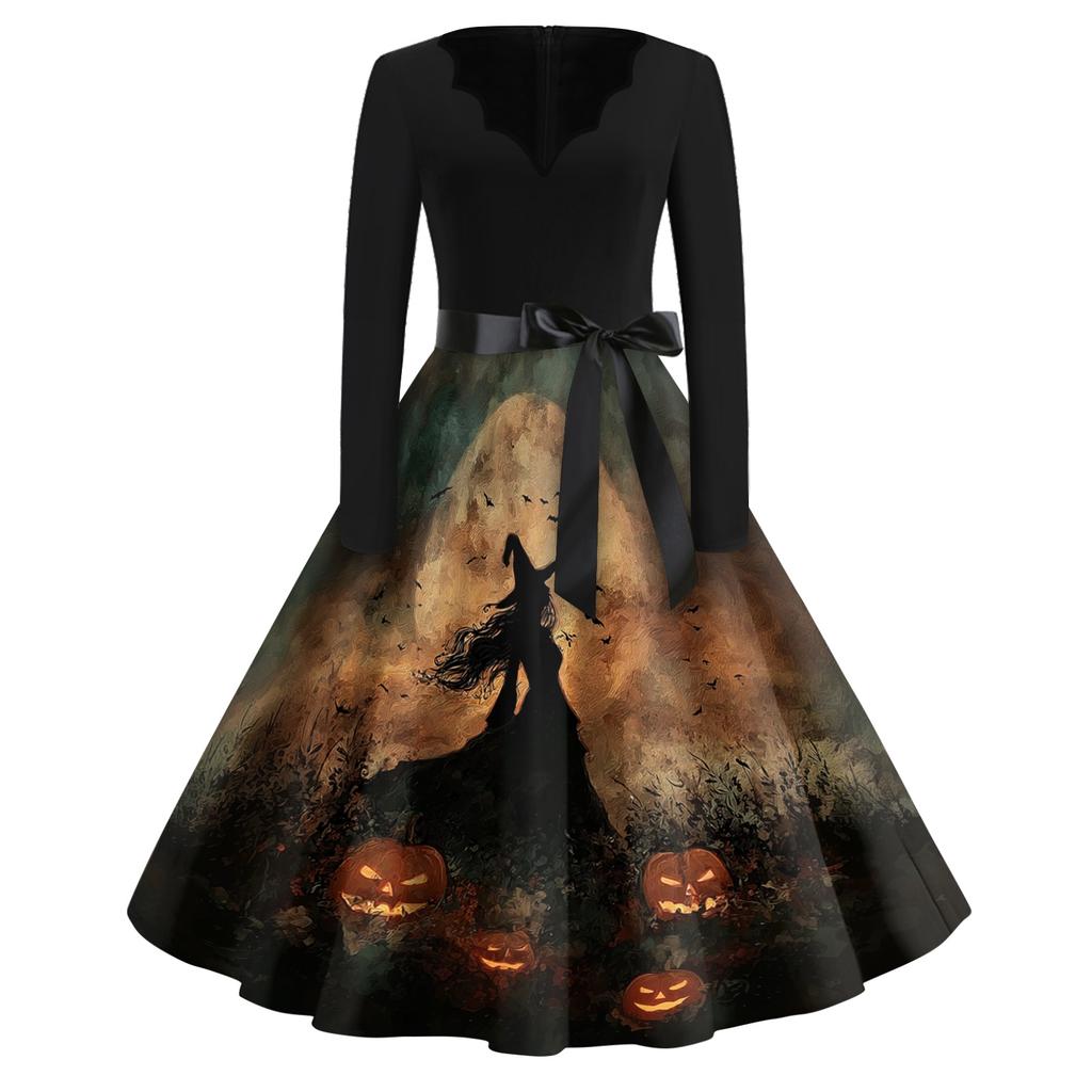 Women's Vintage Halloween Print V-Neck Dress, Casual Party Outfit for Celebrations