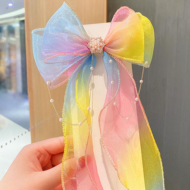 

Elegant Sweet Rainbow Long Ribbon Hair Clip For Women Bow Ribbon Hairpins Cute Colorful Bows Hair Clips Fashion Hair Accessories A4