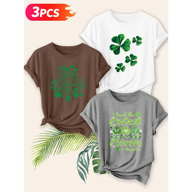 Three-piece set Elegant short-sleeved shirt for women St. Patrick's Day Clover Print Round Neck Women's T Shirt Suitable for spring