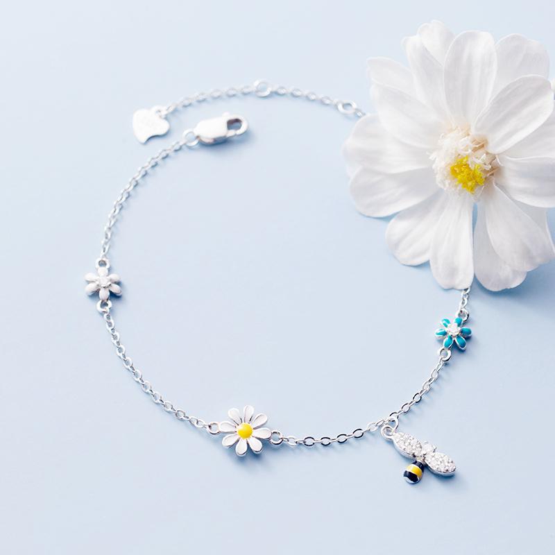 Sole Memory Cute Mini Bee Flowers 925 Silver Female Resizable Bracelets BR320