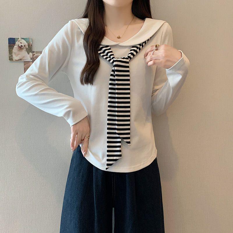 Plus Size Navy Collar Striped Long Sleeve Women's T-shirt - Slimming & Versatile Spring/Autumn Style.